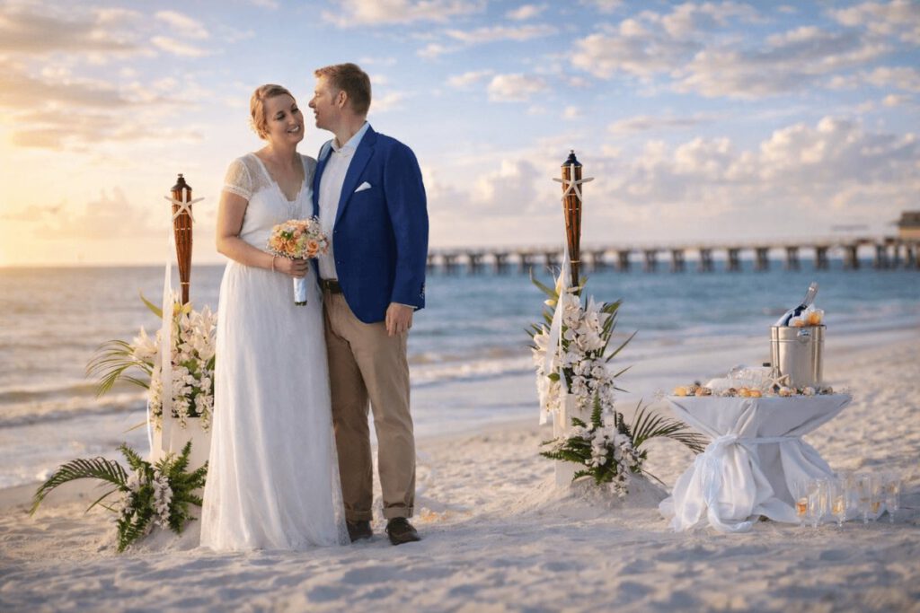 Brautpaar am Strand von Naples in der Sunset in Paradise Deko